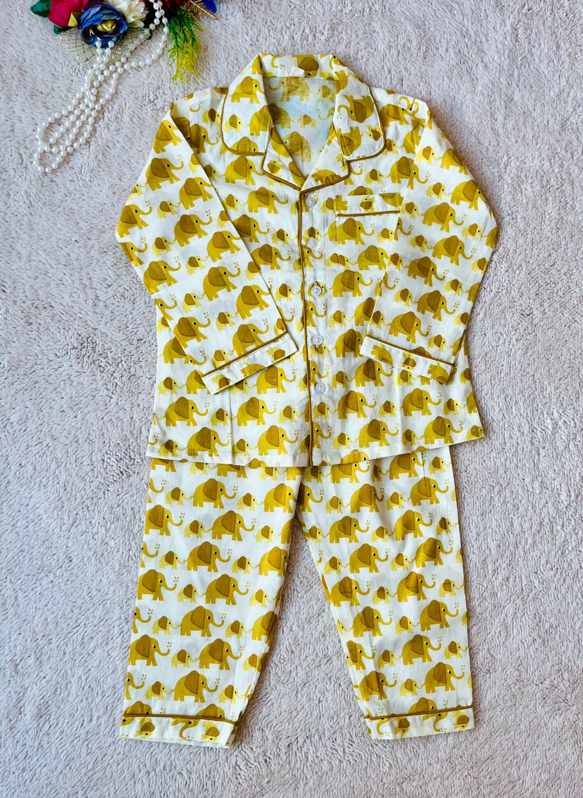 Elephant Print Mustard Color Night suit