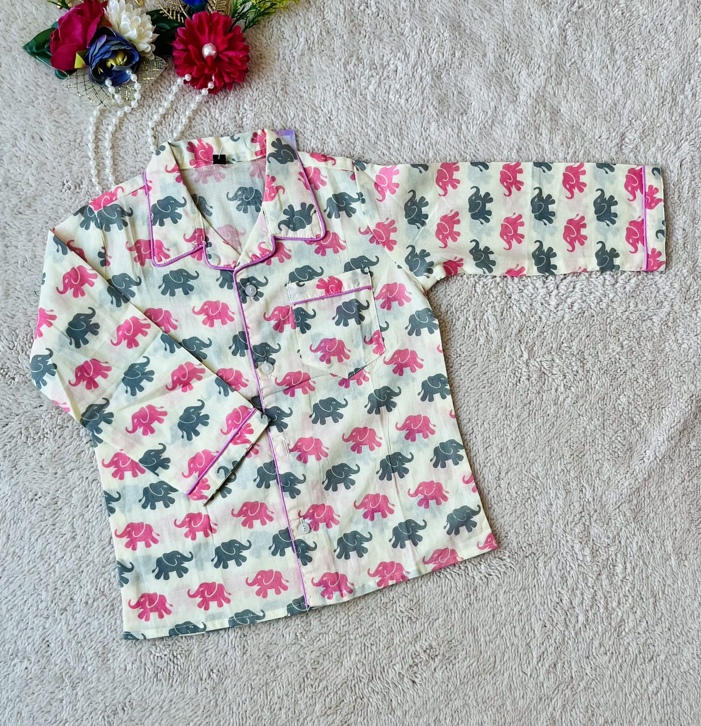 Elephant Print Pink & Grey Color Night suit