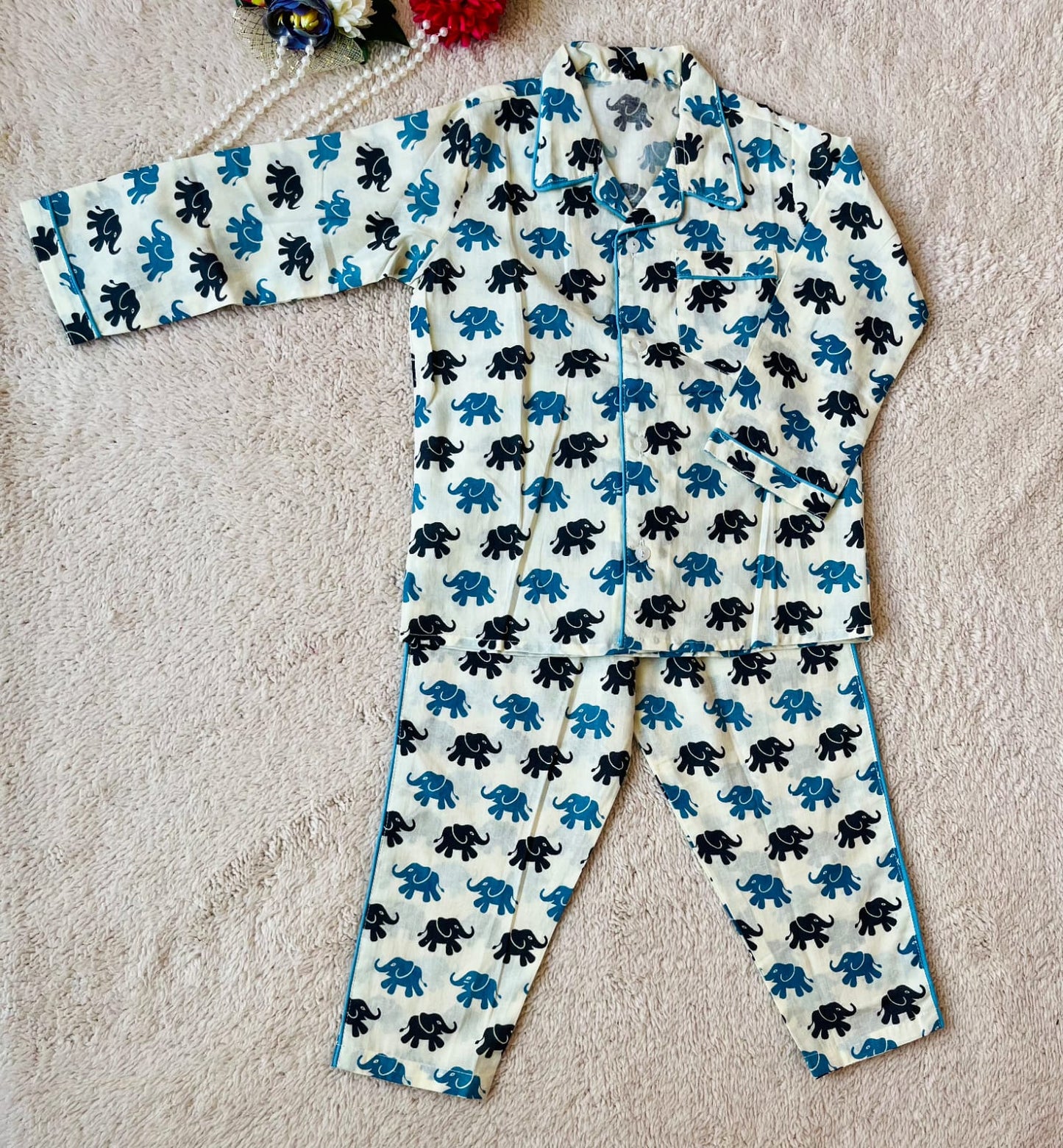 Black & Blue Color Elephant Printed Night suit