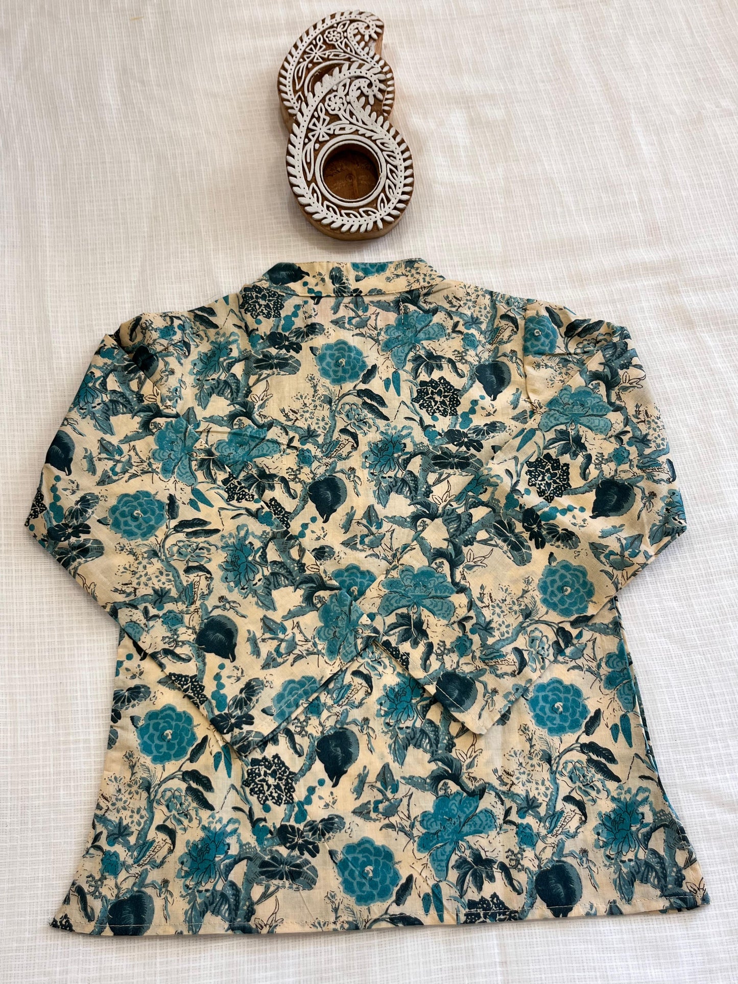 Teal Blue Floral Printed Boy's Kurta