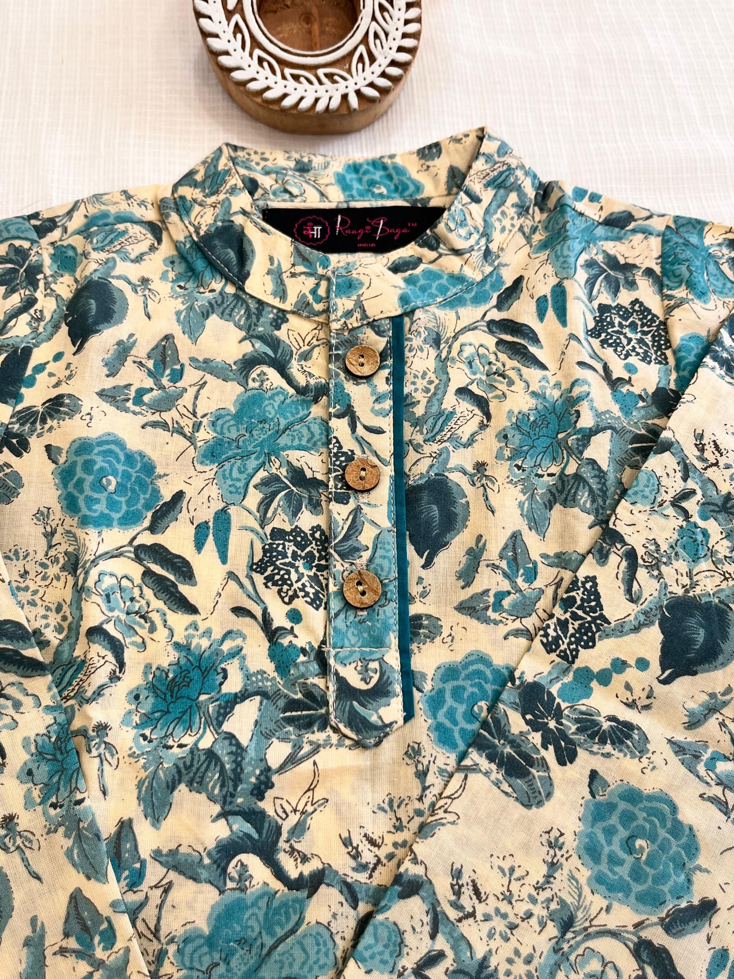 Teal Blue Floral Printed Boy's Kurta