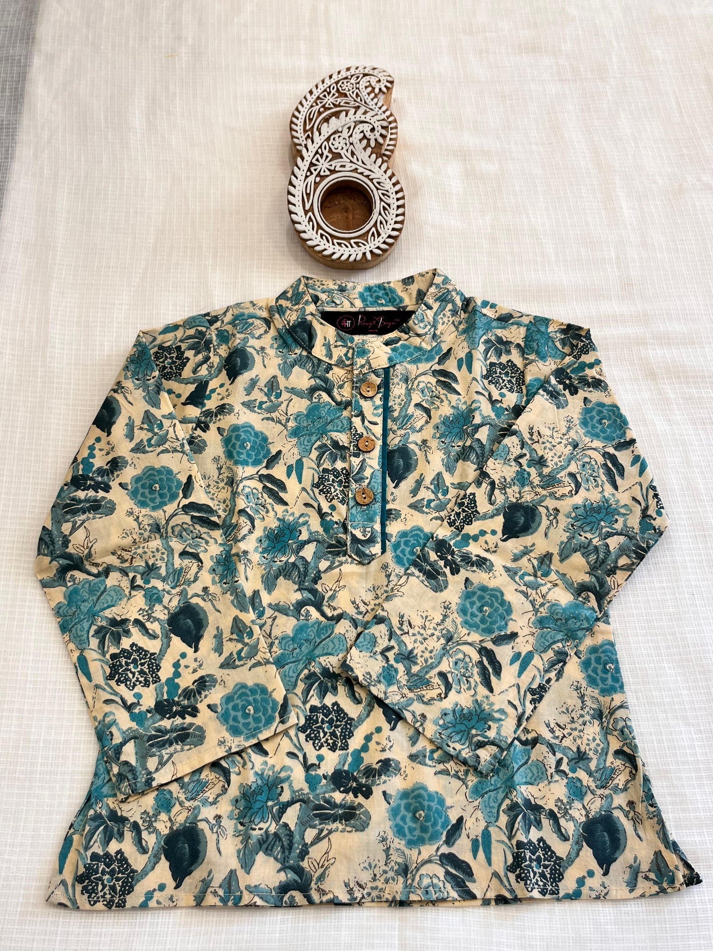 Teal Blue Floral Printed Boy's Kurta