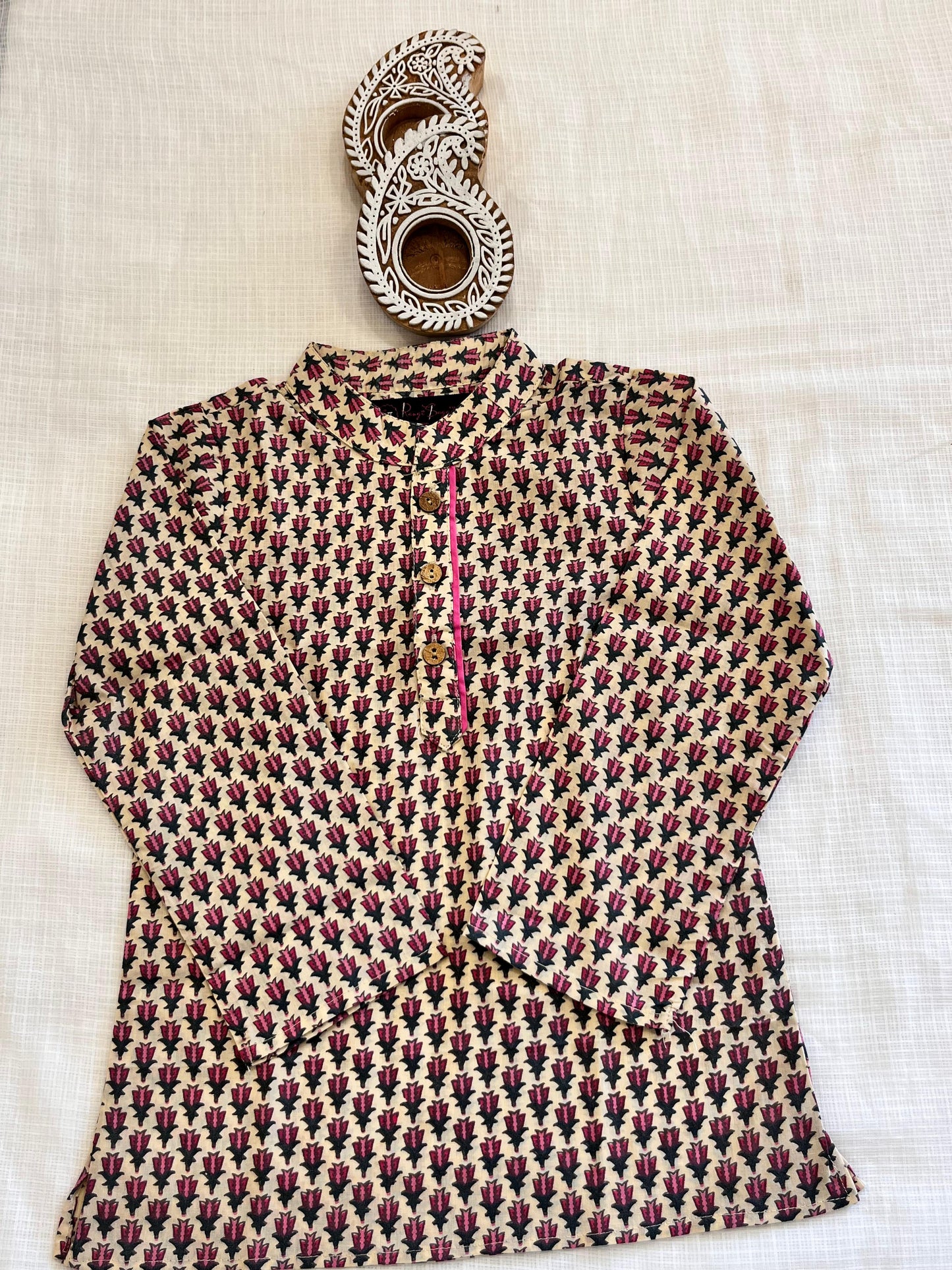 Pink Block Printed Boy's Kurta