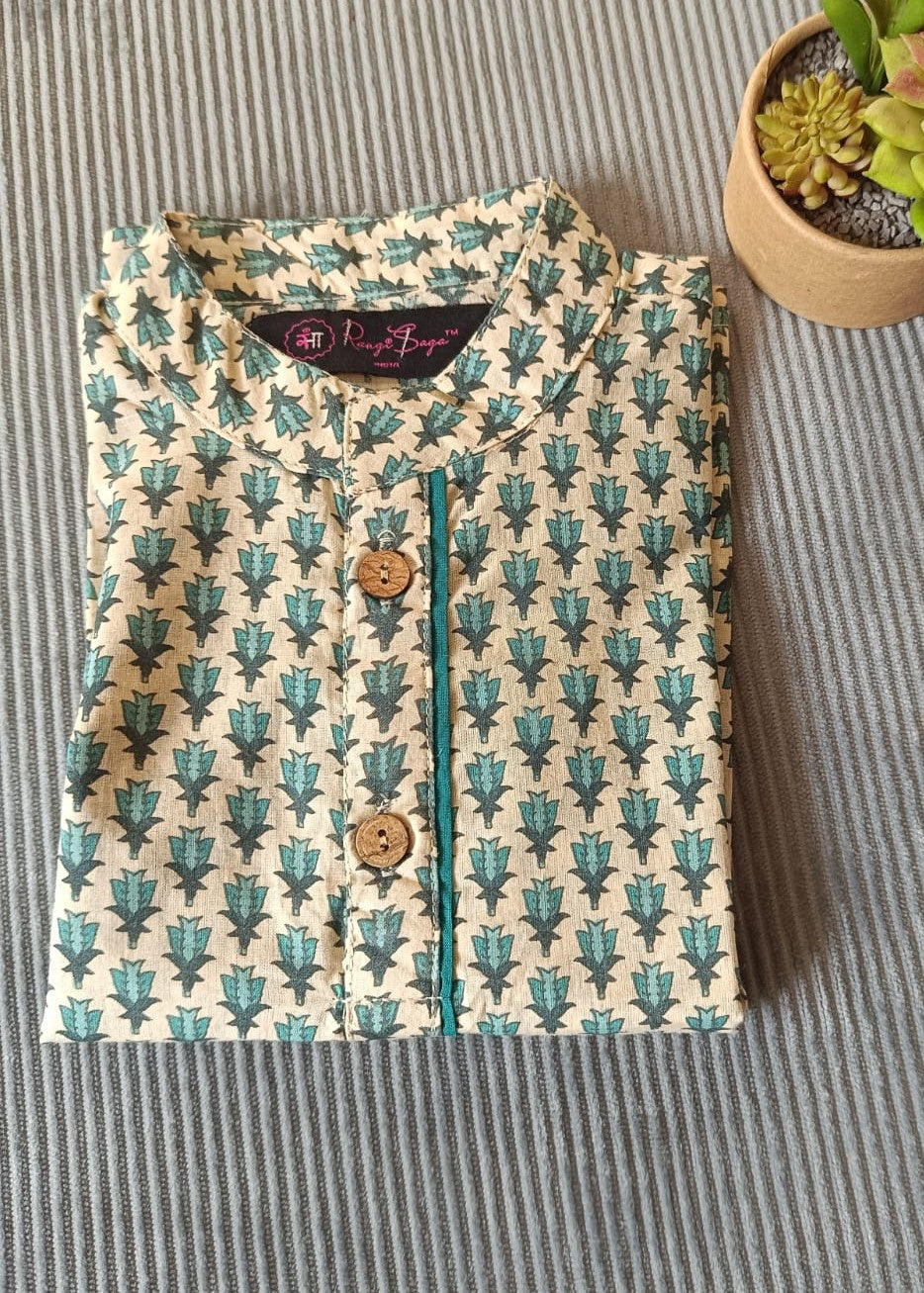 SeaGreen Block Printed Boy's Kurta