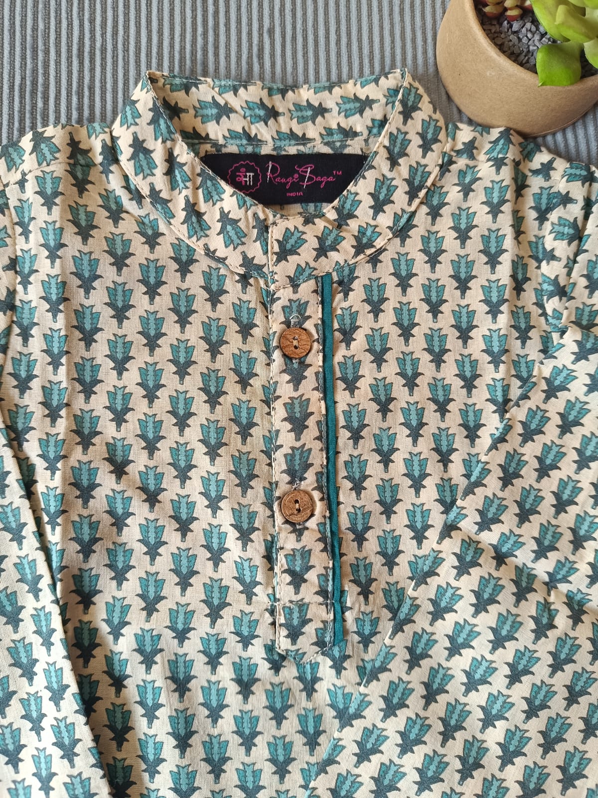 SeaGreen Block Printed Boy's Kurta