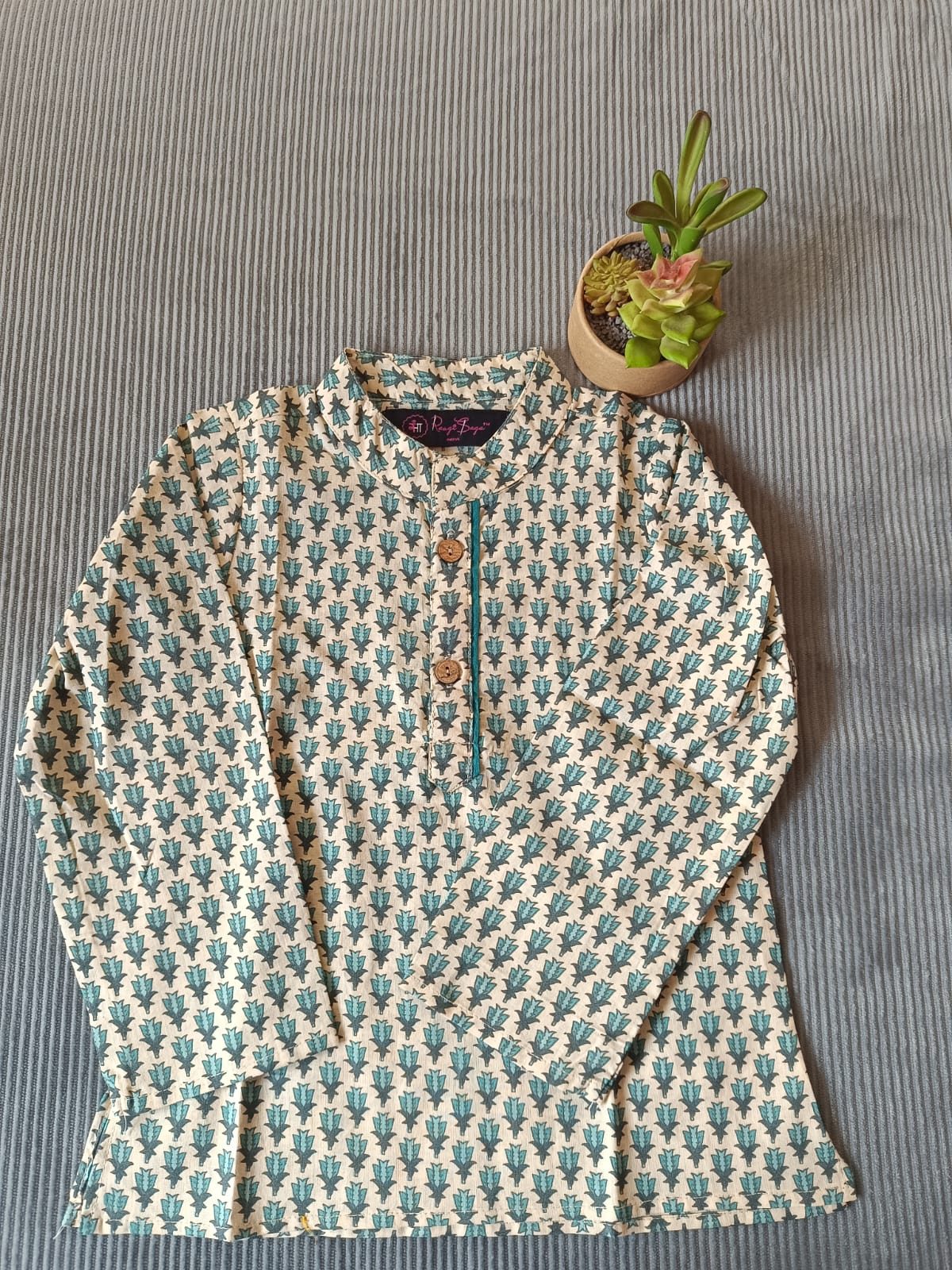 SeaGreen Block Printed Boy's Kurta