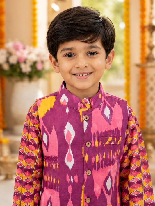 Purple Ikkat printed Jacket with Ikkat print Kurta Pyjama