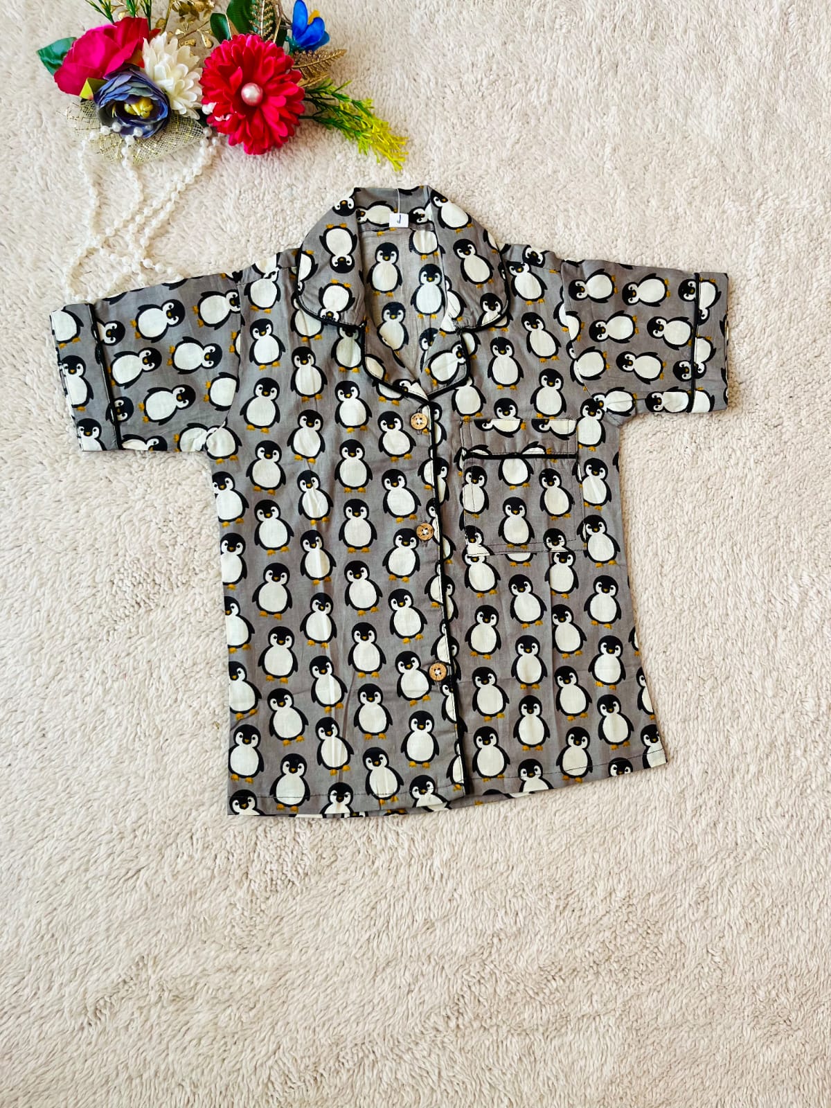 Penguin Printed Grey Color Night Suit