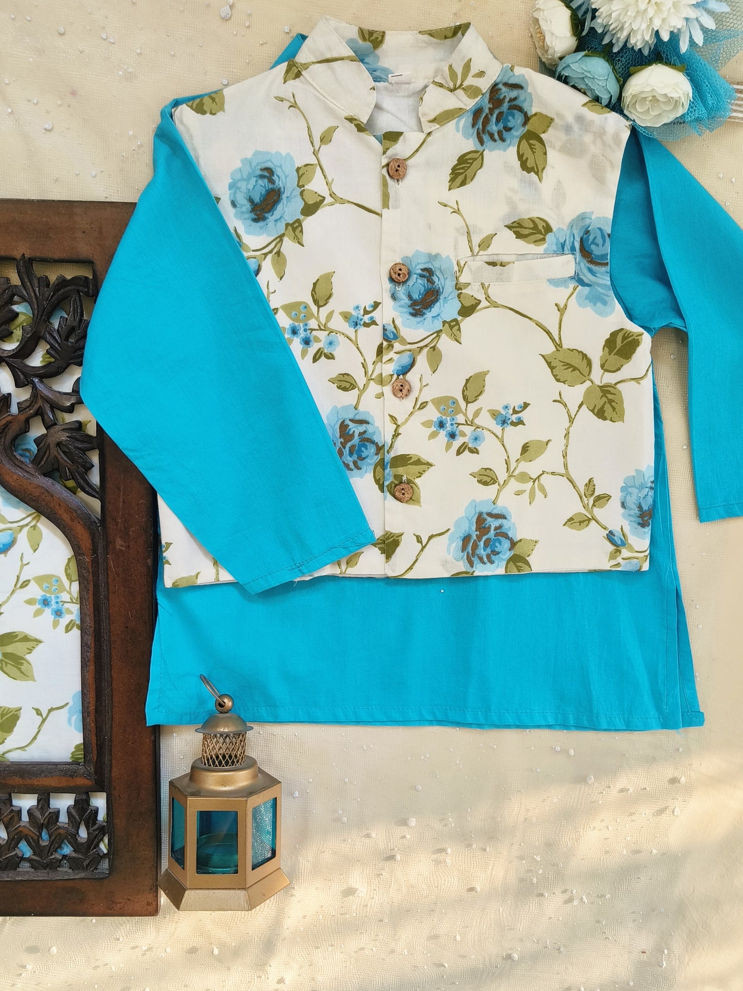Sky Blue Rose Jacket with Kurta -Pyjama