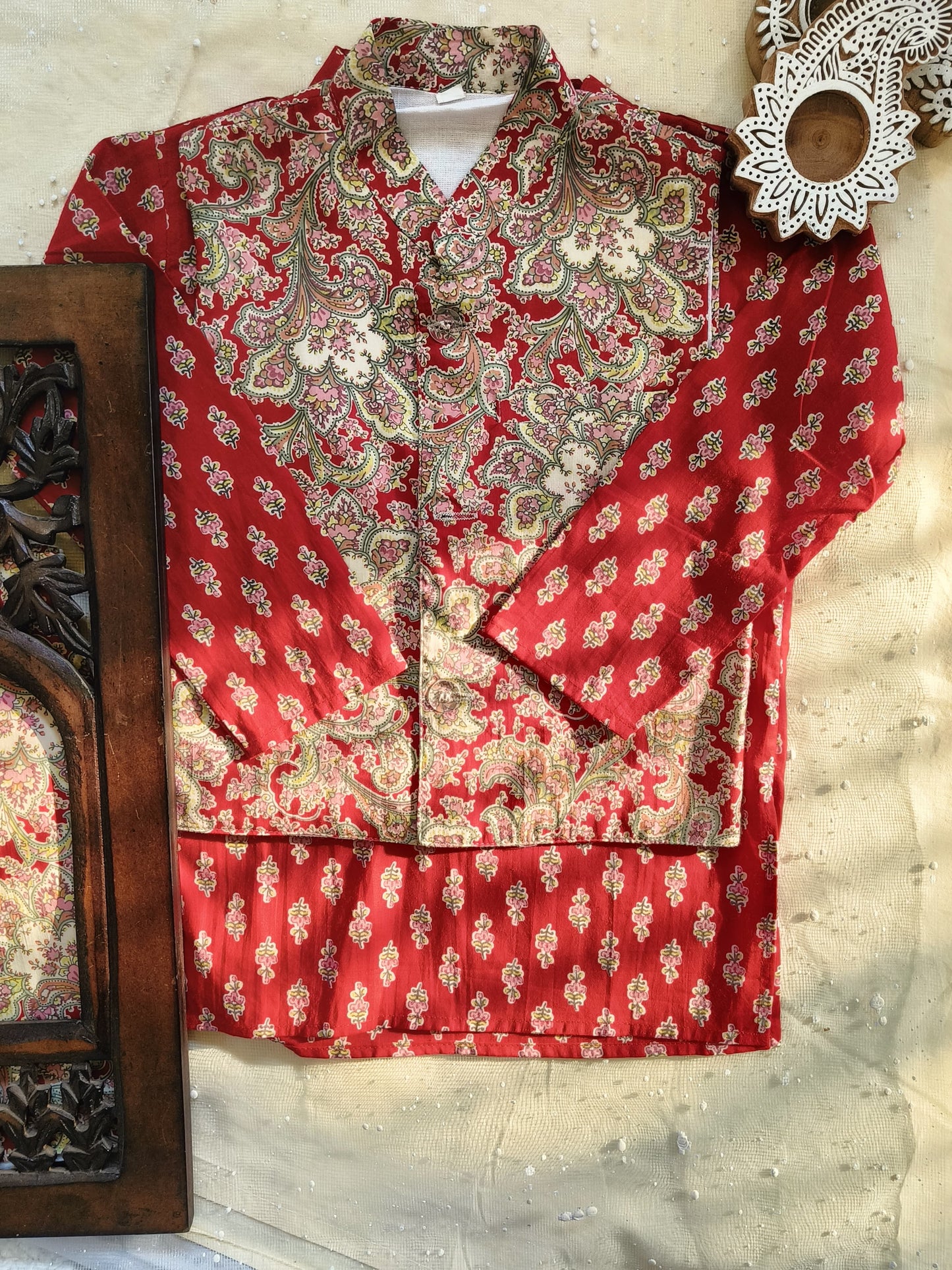 Red Jaal -Buta Jacket with Kurta -Pyjama