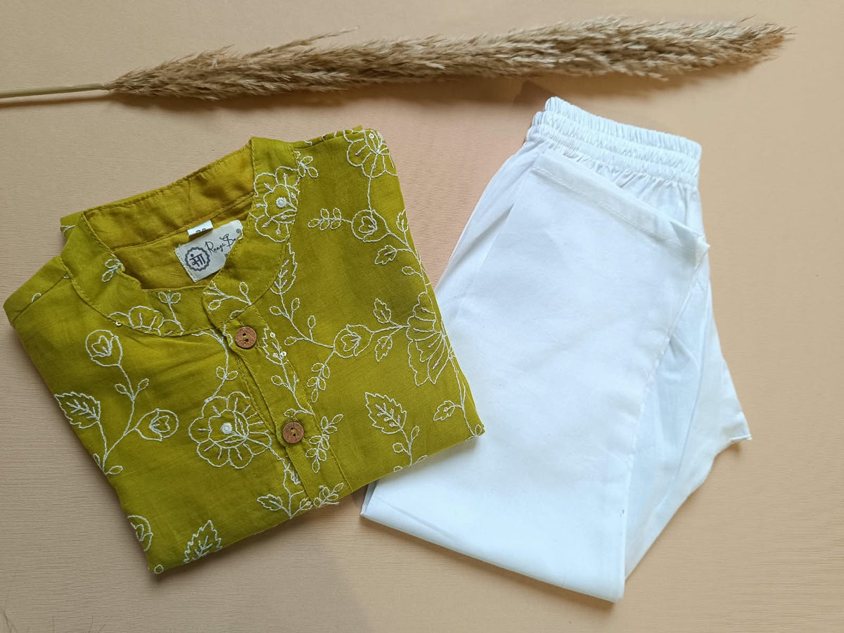 Embroided  Mul cotton Lime Greencoloured  Kurta with embroided Pajama