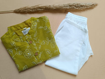 Embroided  Mul cotton Lime Greencoloured  Kurta with embroided Pajama