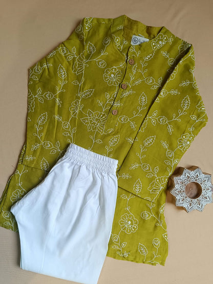 Embroided  Mul cotton Lime Greencoloured  Kurta with embroided Pajama