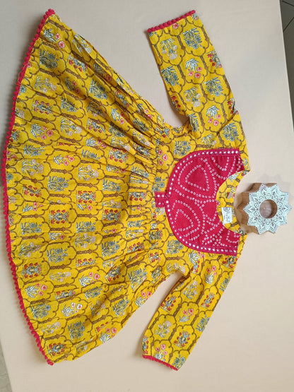 Yellow Colour Mughal Boota, screen printed Girls Flare Suit Set