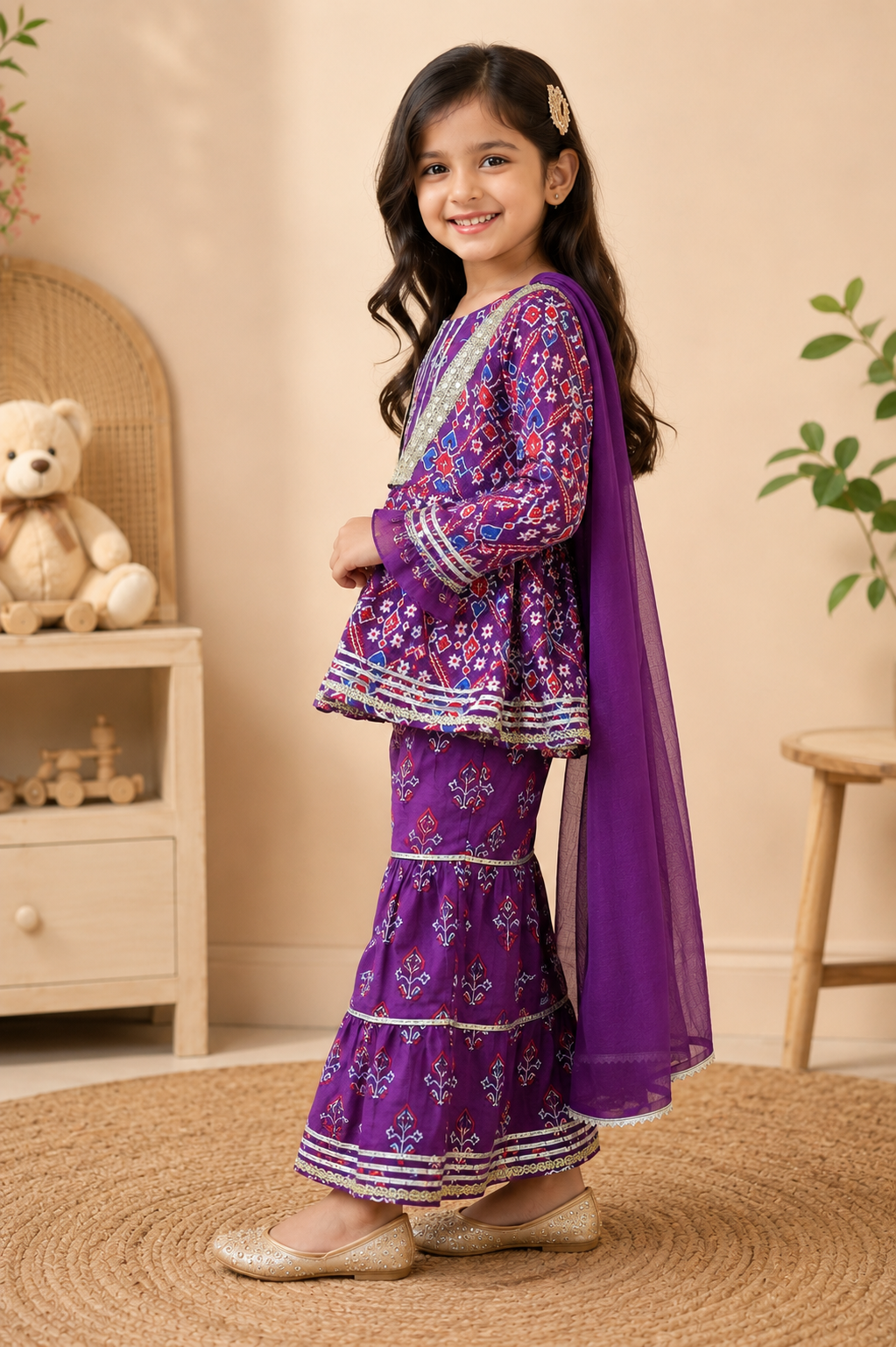 Girls Patola Printed Cambric Cotton Kurti Sharara Set with Dupatta