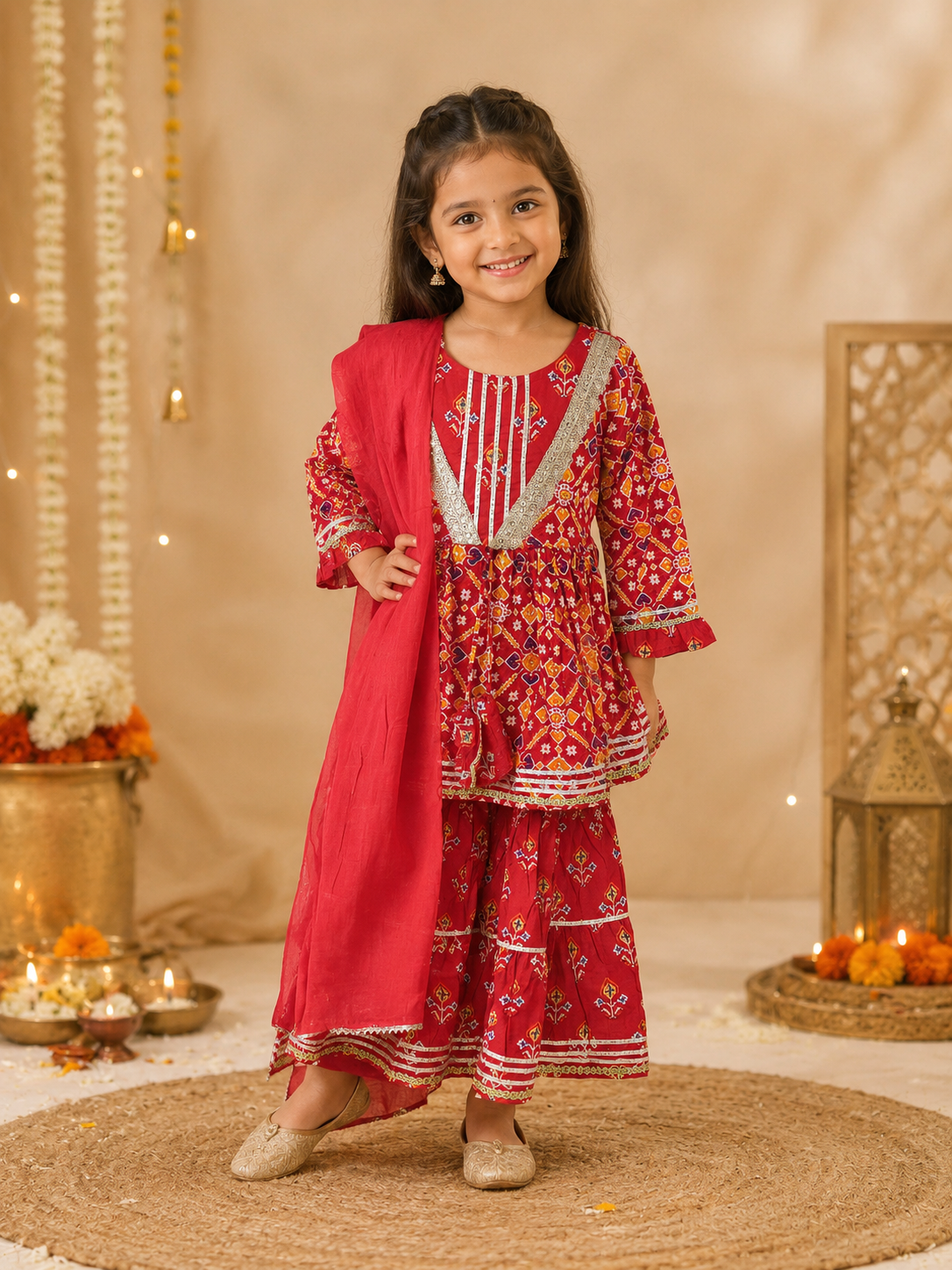 Girls Patola Printed Cambric Cotton Kurti Sharara Set with Dupatta