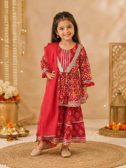 Girls Patola Printed Cambric Cotton Kurti Sharara Set with Dupatta