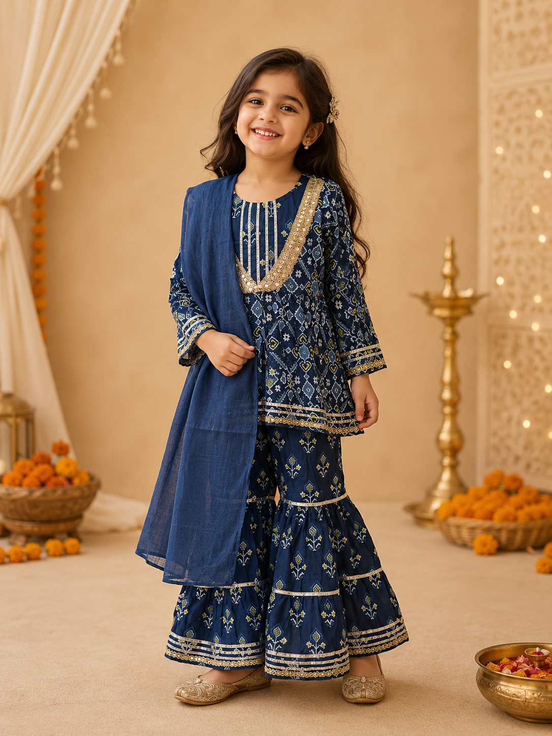 Girls Patola Printed Cambric Cotton Kurti Sharara Set with Dupatta