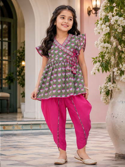 Girls Magenta Pink Lotus Buti Angrakha Kurti with Tulip Pant
