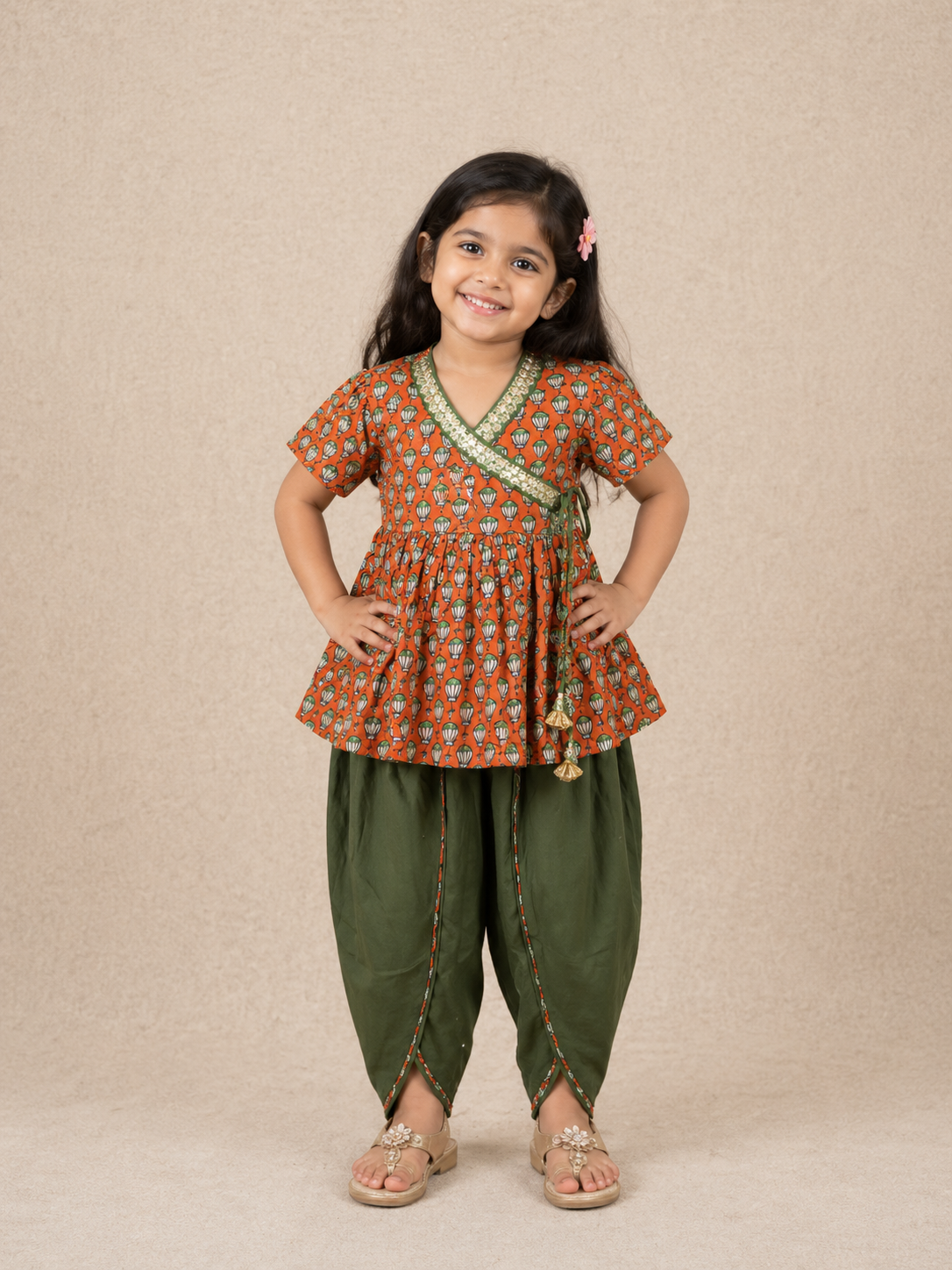 Girls Magenta Pink Lotus Buti Angrakha Kurti with Tulip Pant