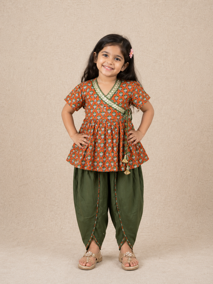 Girls Magenta Pink Lotus Buti Angrakha Kurti with Tulip Pant