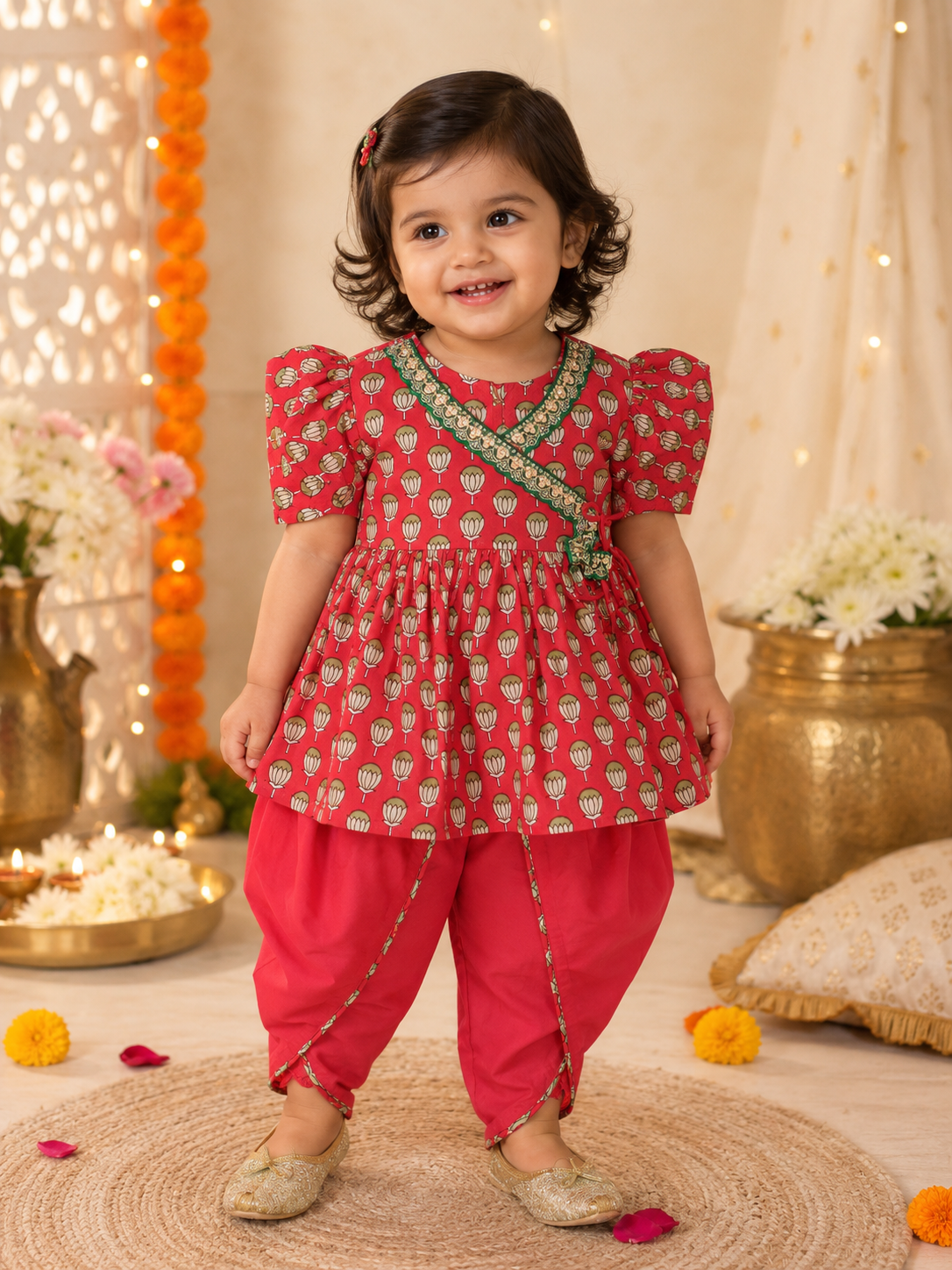Girls Magenta Pink Lotus Buti Angrakha Kurti with Tulip Pant