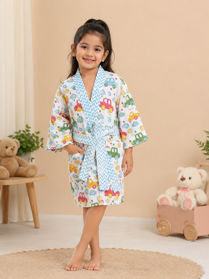 Girls Cotton Waffle Bathrobe with Cute Giraffe and  car Print & Belt