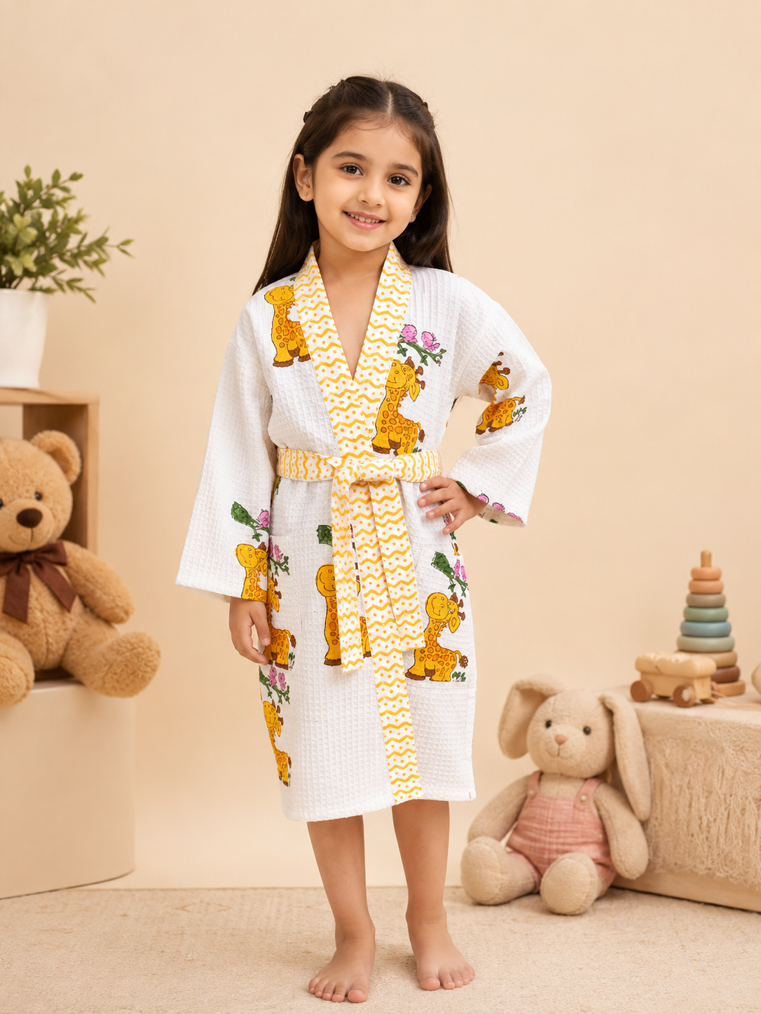 Girls Cotton Waffle Bathrobe with Cute Giraffe and  car Print & Belt