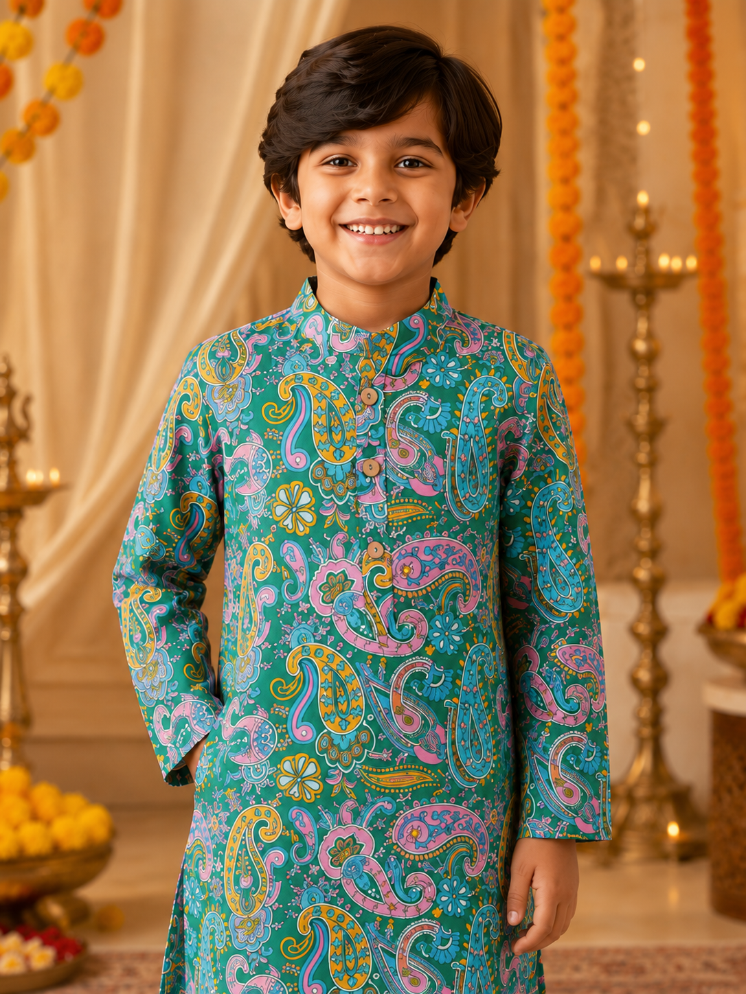 Boys Paisley Printed Cambric Cotton Kurta Pyjama Set