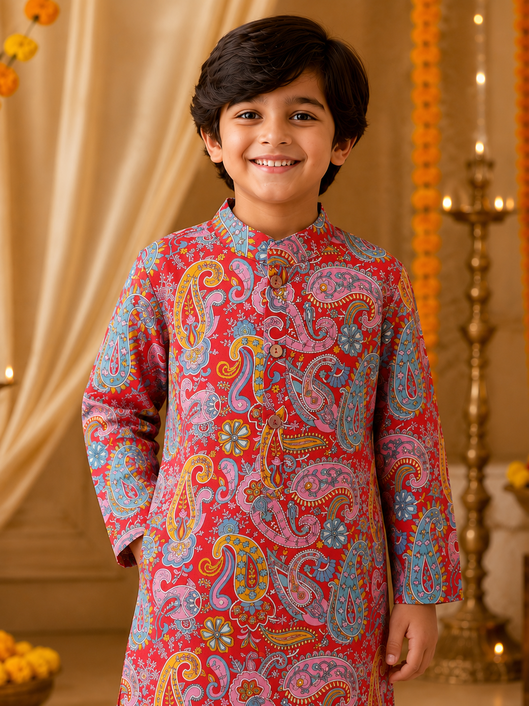 Boys Paisley Printed Cambric Cotton Kurta Pyjama Set