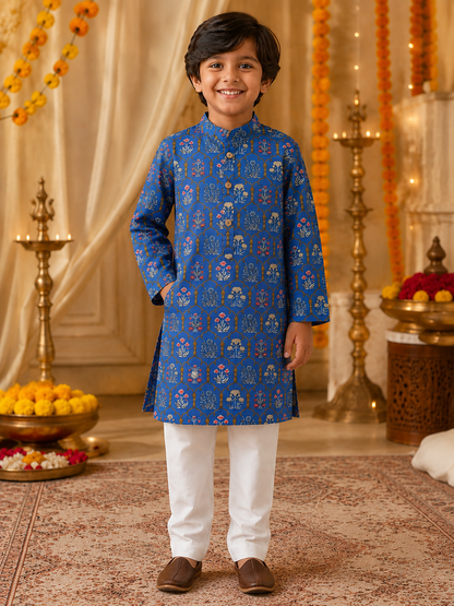 Boys Mughal Boota Printed Cambric Cotton Kurta Pyjama Set