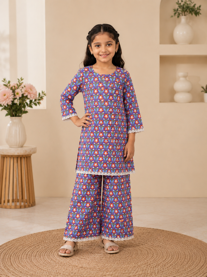 Girls Floral Printed Cambric Cotton Straight Kurta with Palazzo Set