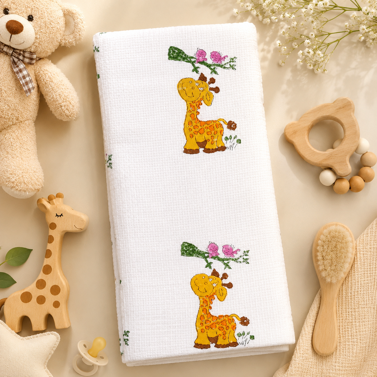 Kids White Waffle Cotton Bath Towel with Cute Giraffe Print