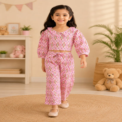 Pink Ikat Printed Girls Co-Ords