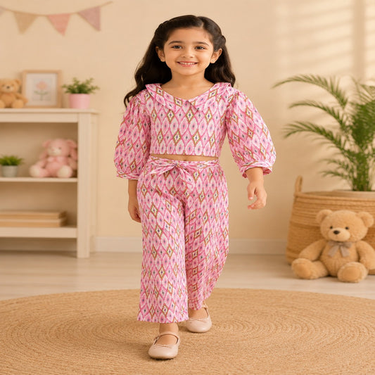 Pink Ikat Printed Girls Co-Ords