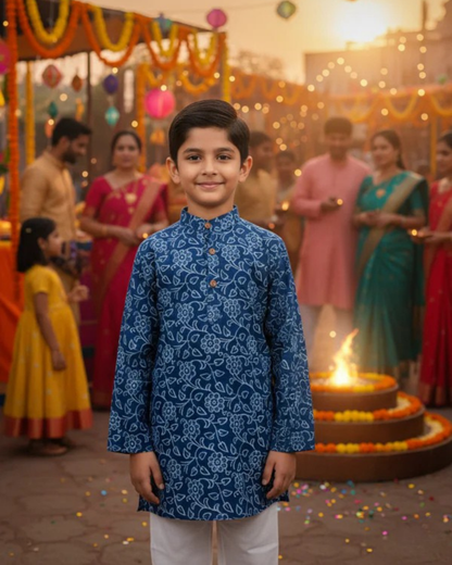 Indigo blue discharge printed Kurta -Pyjama