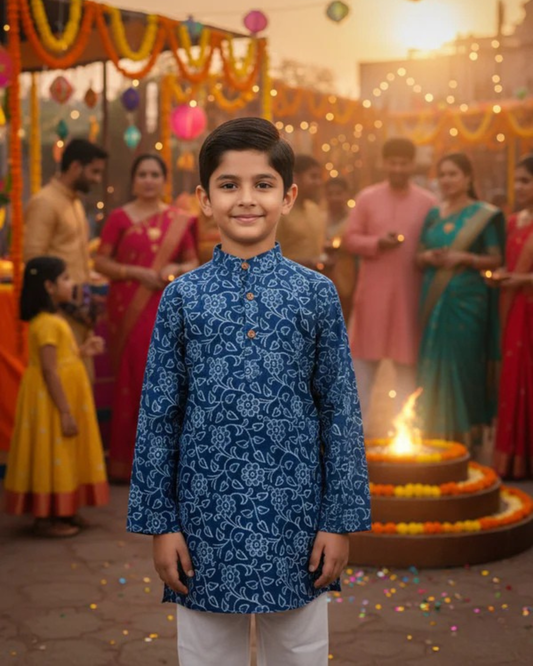 Indigo blue discharge printed Kurta -Pyjama