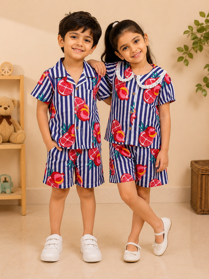Boys' Striped Quirky Fruit Print Co-ord Set. Handcrafted Cambric Cotton Half Sleeve Shirt & Shorts Set for Comfortable Casual Wear