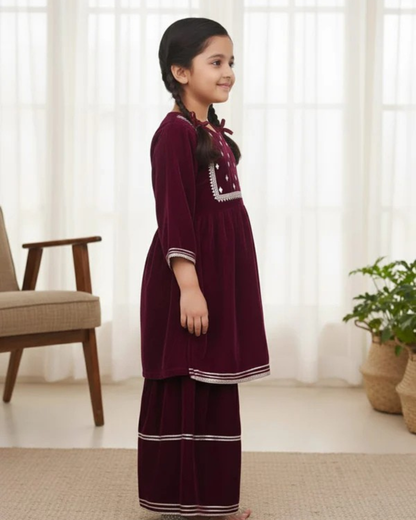 Mirror-Embroidery Velvet  Kurti With Sharara