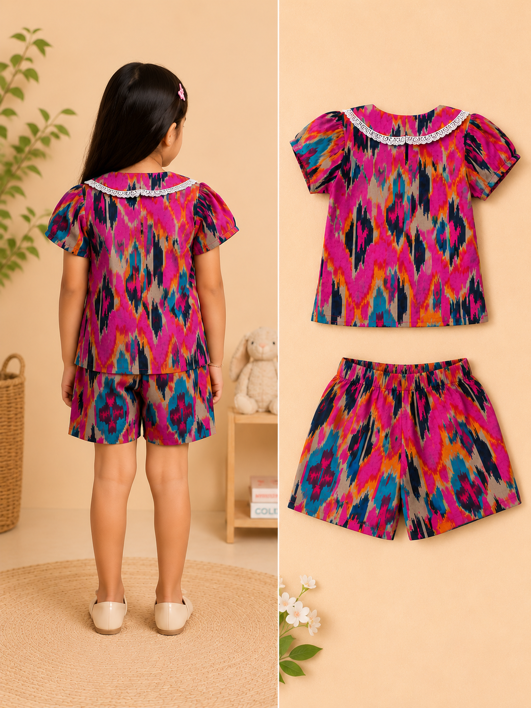 Boys Blue Ikkat & Girls Pink Printed Co-ord Set | Handcrafted Cambric Cotton Half Sleeve Shirt & Shorts Playwear Outfit | Casual Summer Dress Set for Kids