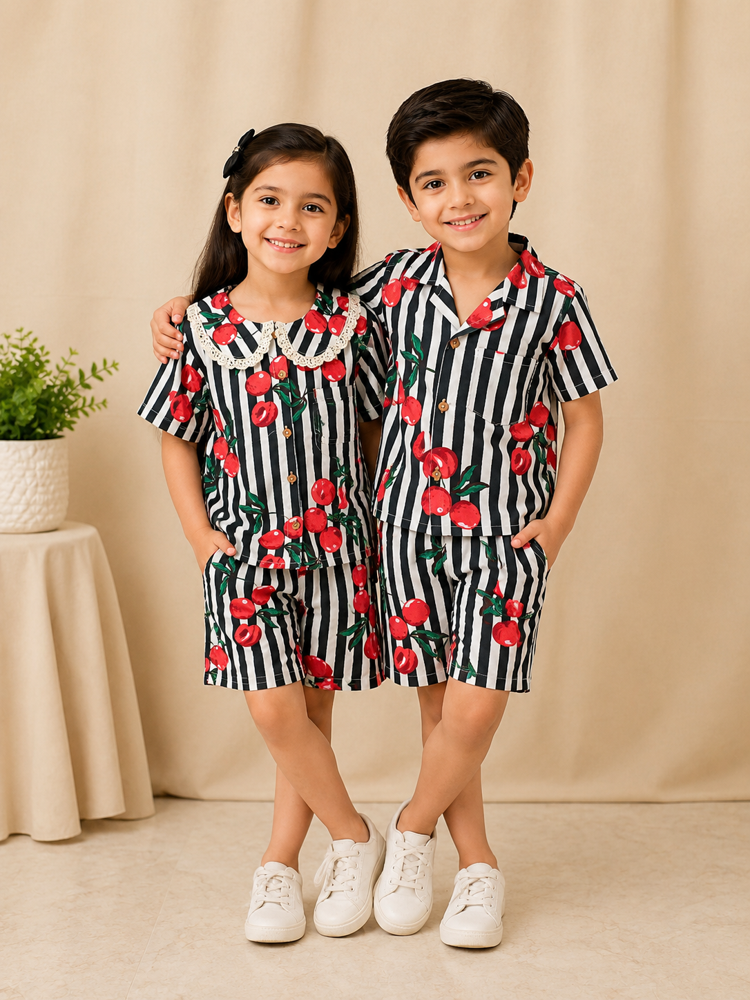 Boys' Striped Quirky Fruit Print Co-ord Set. Handcrafted Cambric Cotton Half Sleeve Shirt & Shorts Set for Comfortable Casual Wear