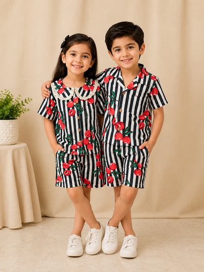 Boys' Striped Quirky Fruit Print Co-ord Set. Handcrafted Cambric Cotton Half Sleeve Shirt & Shorts Set for Comfortable Casual Wear