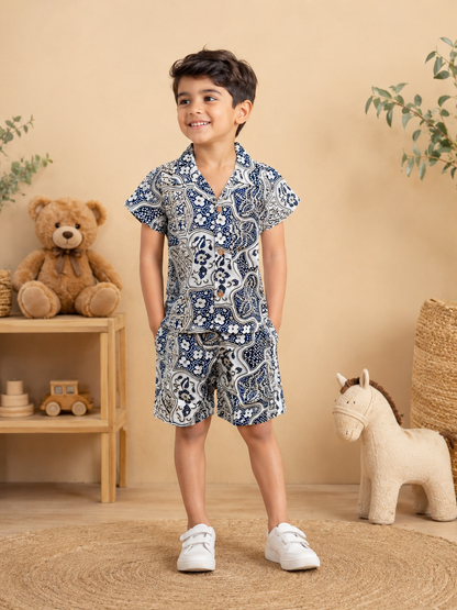 Boys' Abstract Print Co-ord Set. Handcrafted Cambric Cotton Half Sleeve Shirt & Shorts Set for Comfortable Casual Wear