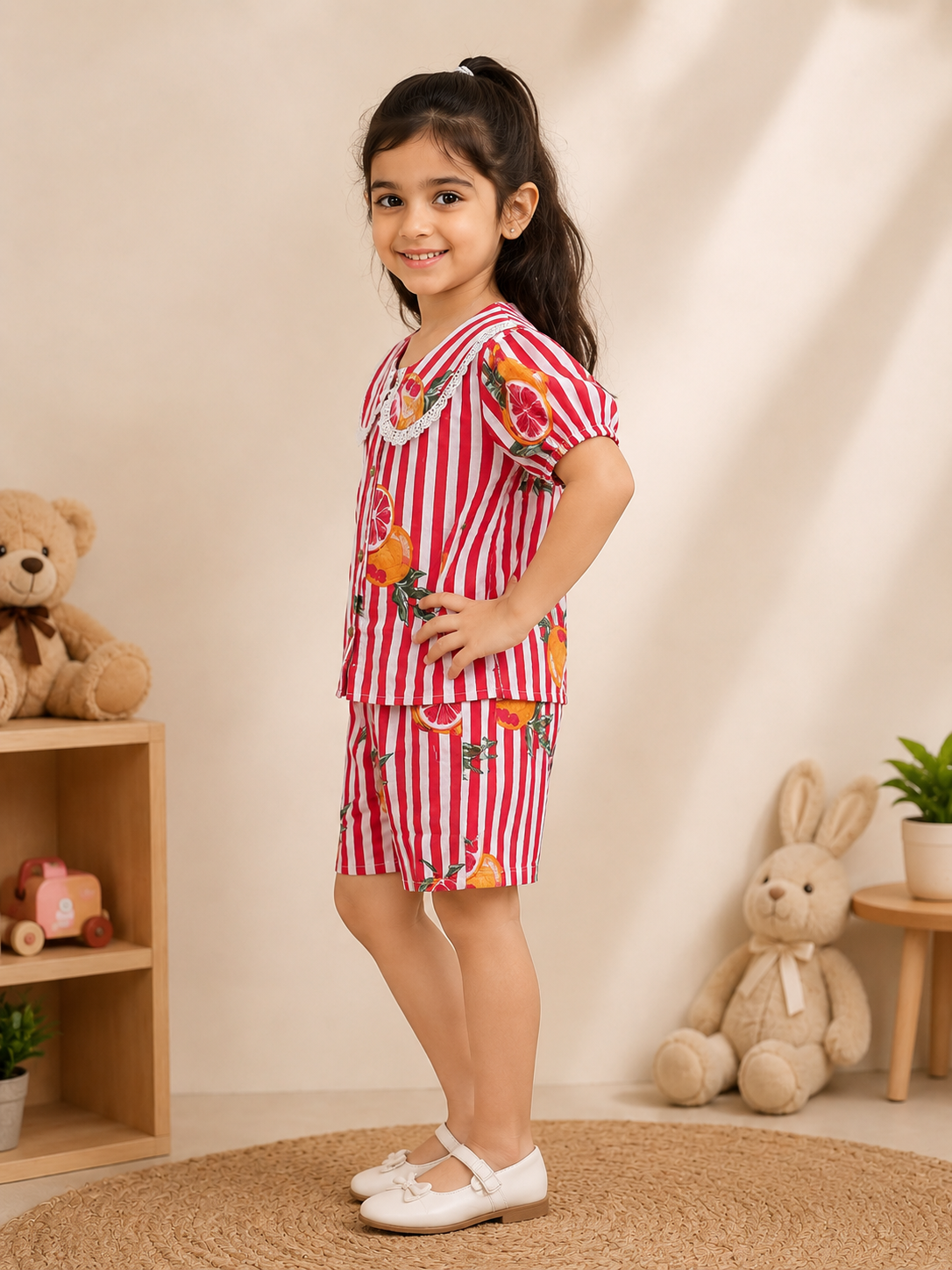 Striped-quirky-fruit  printed Cord-Set  for Girls
