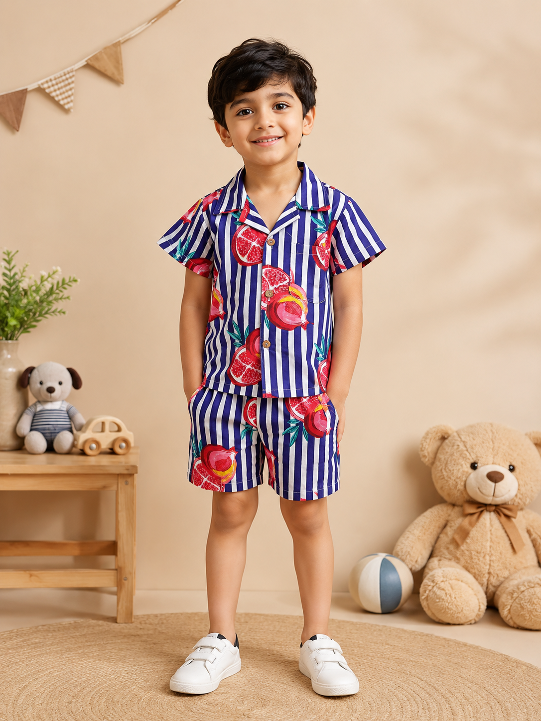 Purple Striped-quirky-fruit printed Cord-Set  for Boys