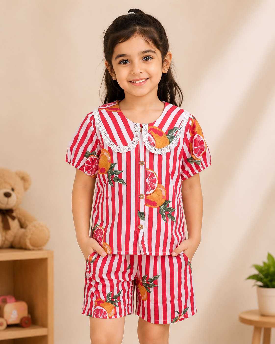 Striped-quirky-fruit  printed Cord-Set  for Girls