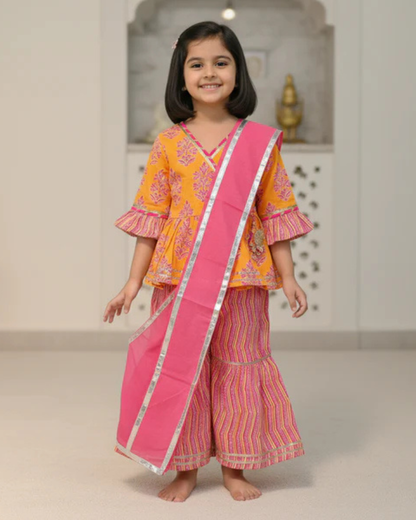 Block Printed Yellow & Pink Coloured Anarkali Suit with Sharara