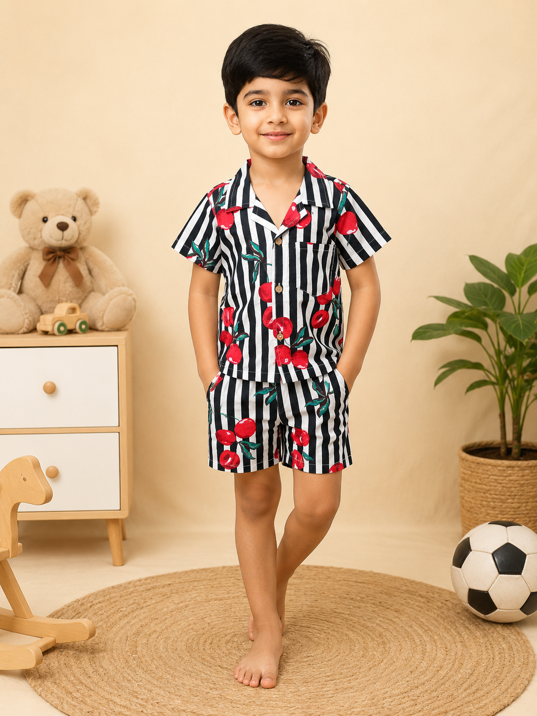 Boys' Striped Quirky Fruit Print Co-ord Set. Handcrafted Cambric Cotton Half Sleeve Shirt & Shorts Set for Comfortable Casual Wear
