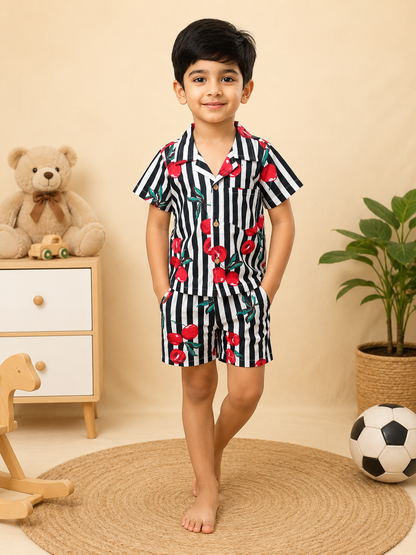 Boys' Striped Quirky Fruit Print Co-ord Set. Handcrafted Cambric Cotton Half Sleeve Shirt & Shorts Set for Comfortable Casual Wear