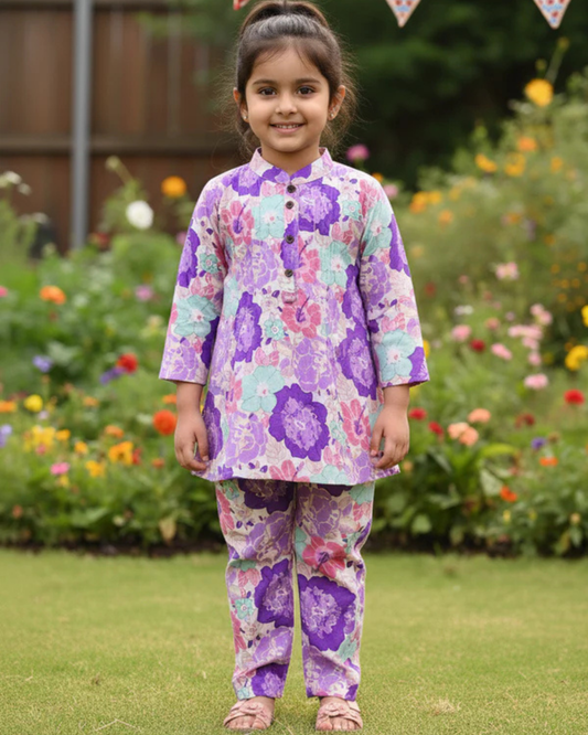 Lavender  Flower Printed Girls Co-Ord Set